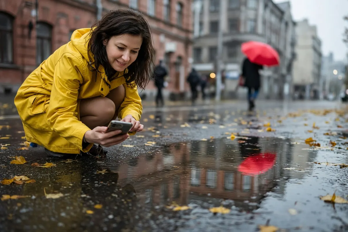 Фотопрогулка: женщина снимает отражение в луже на телефон