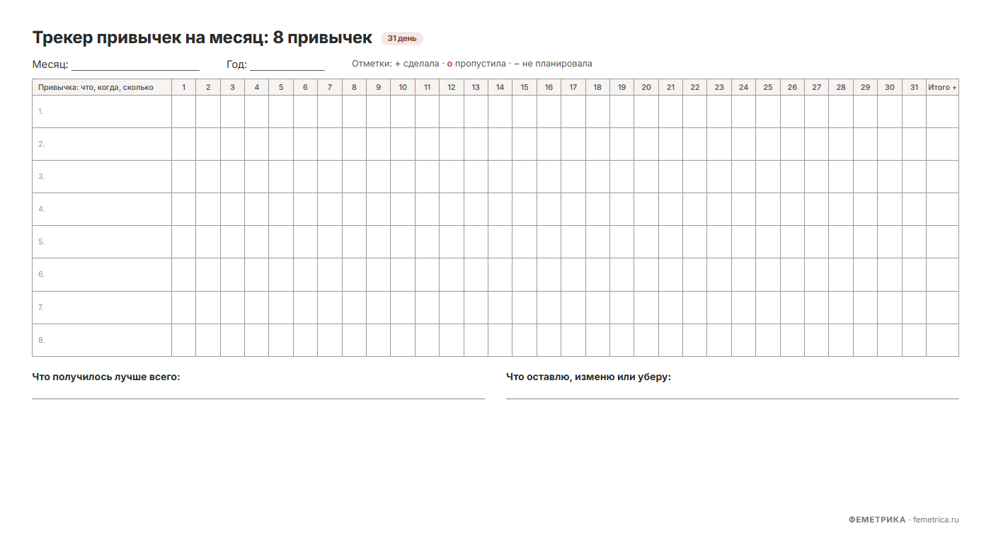 Трекер привычек на месяц: сетка на 8 привычек и 31 день для печати на А4 в альбомной ориентации
