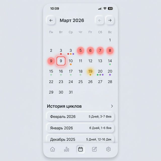 Интерактивный календарь менструального цикла с цветными маркерами