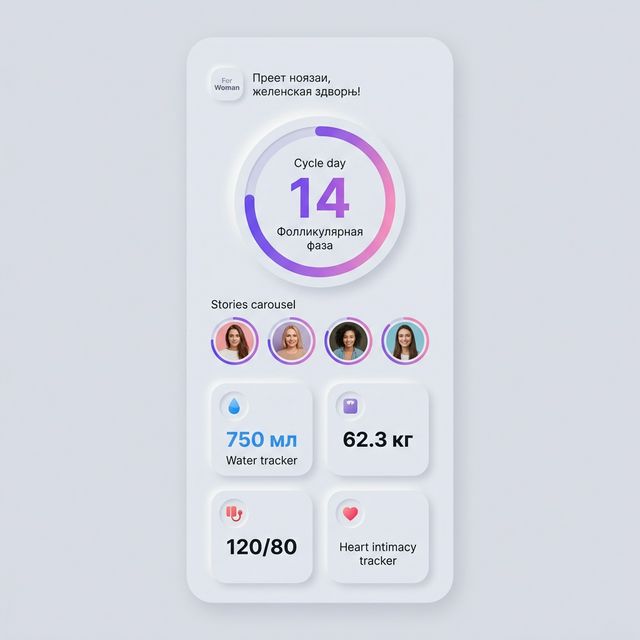 Главный экран — дашборд с трекером цикла и виджетами