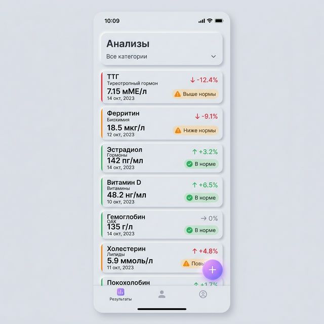 Модуль анализов — список биомаркеров с трендами